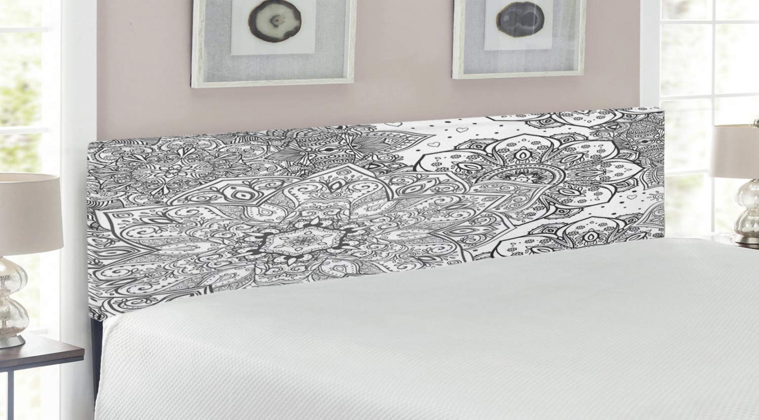 Ambesonne Mandala Headboard - Eastern Lace Floral Design with Moroccan Style & Folkloric Accents - Upholstered Decorative Metal Bed Frame with Memory Foam - King Size in White & Grey - Perfect for Bohemian & Eclectic Bedroom Decor
