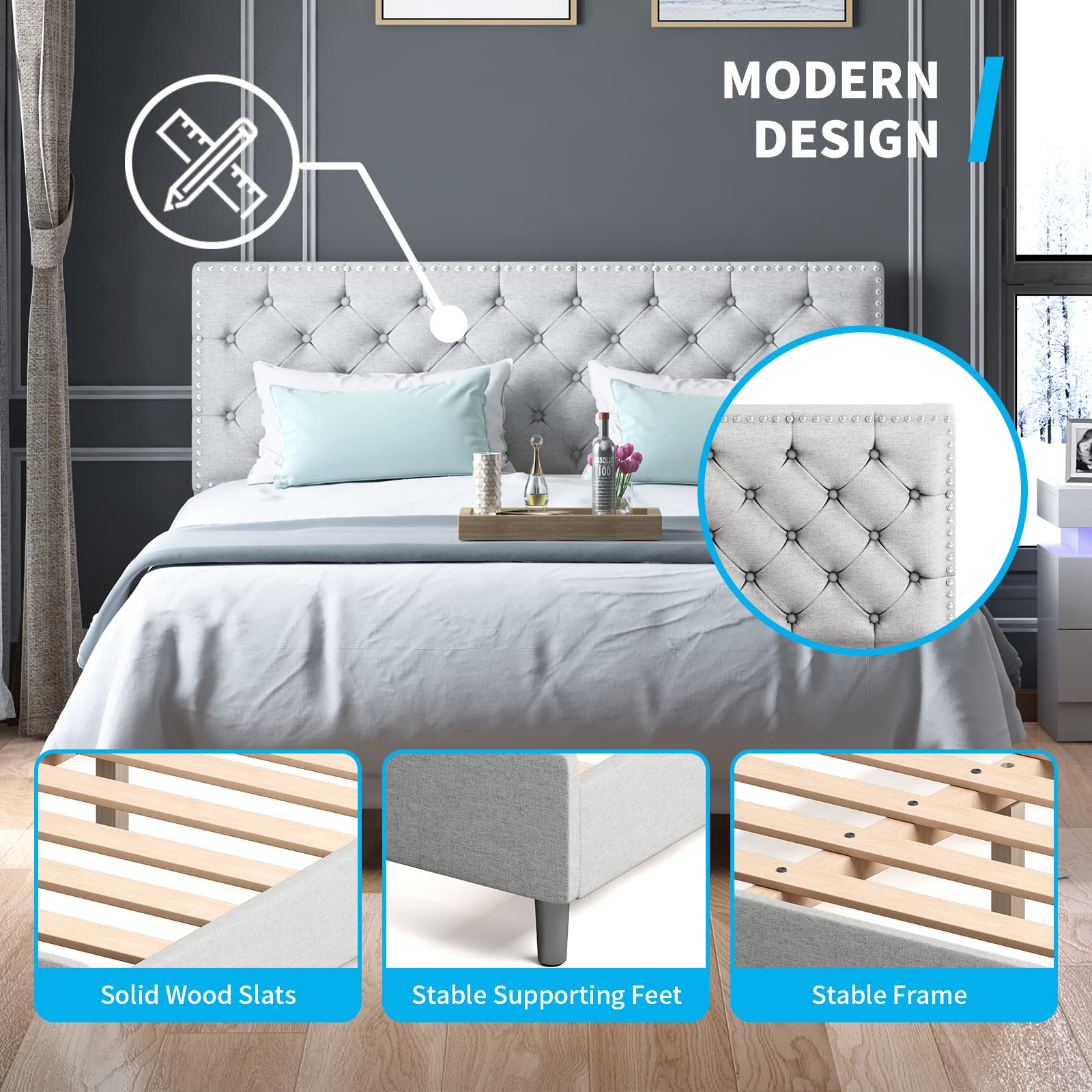 MJkone King Size Bed Frame with Adjustable Headboard - Upholstered Platform Bed with Wooden Slats, No Box Spring Required, Tufted Mattress Foundation for Bedroom (Light Grey) - Perfect for Master Bedrooms, Guest Rooms & Modern Home Decor