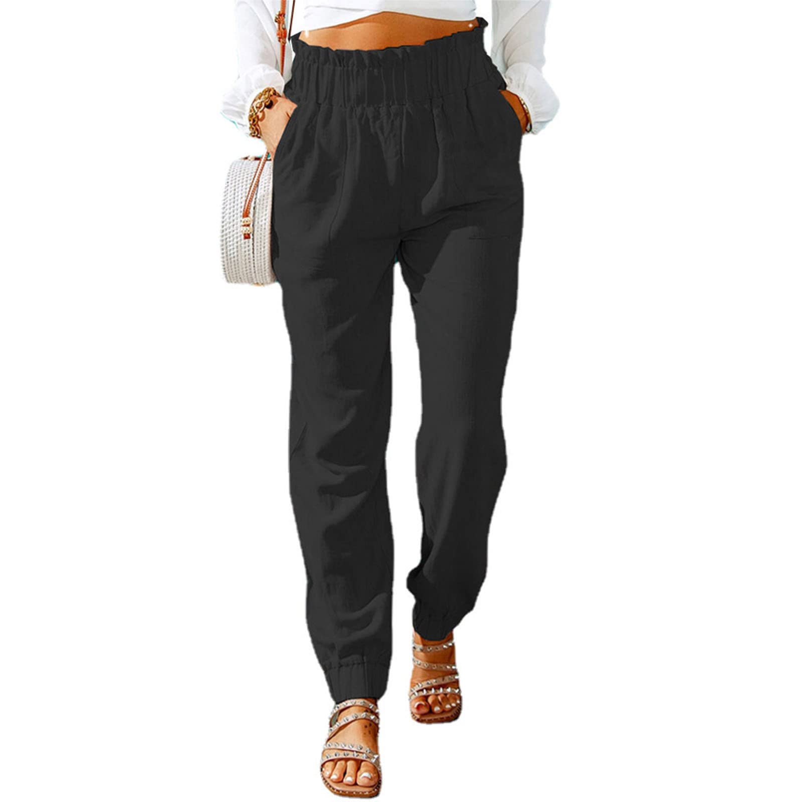 Women's White Linen Pants - High Waist Summer Trousers with Pockets, Plus Size Casual Work Pants | Breathable & Comfortable for Office, Beach & Outdoor Activities