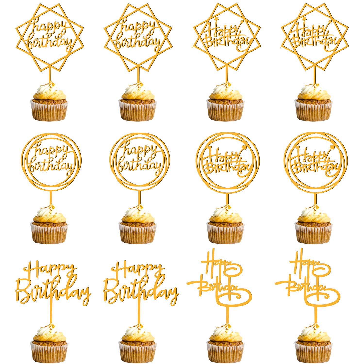 12 Pack Gold Happy Birthday Cake Toppers - Acrylic Cupcake Decorations for Birthday Parties, Baby Showers & Celebrations - Perfect for Cakes, Cupcakes & Dessert Displays