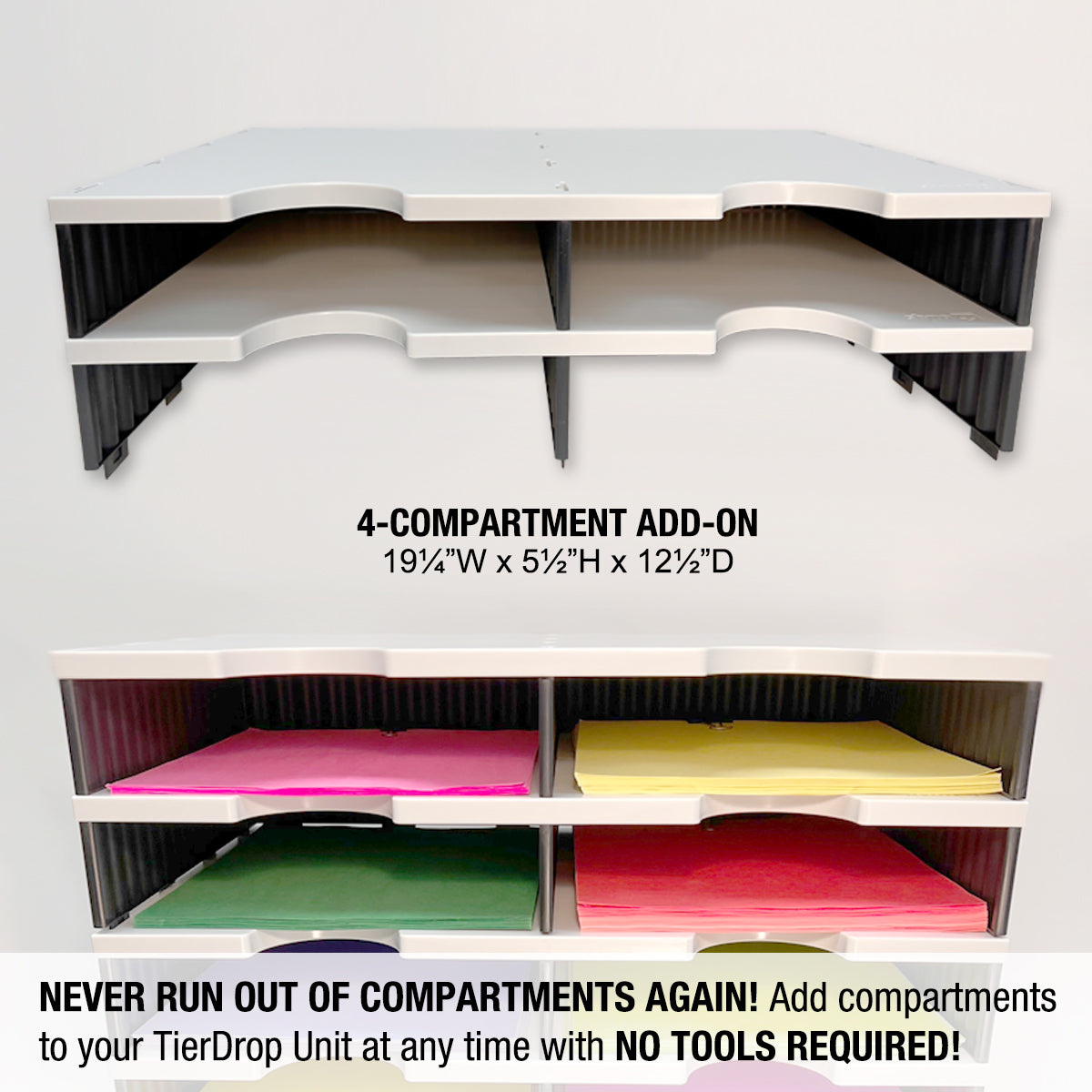 Ultimate Office TierDrop™ 4-Compartment Desktop Organizer - Perfect for Documents, Forms, Mail & Classroom Supplies - Add-On for Any 2-Wide TierDrop Unit - Ideal for Home Office, School & Workspace Organization