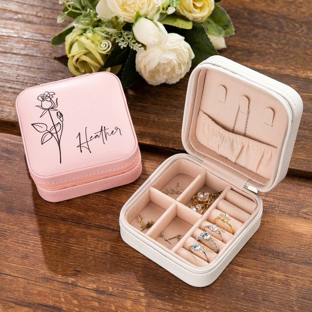 Personalized Birth Flower Jewelry Box for Women - Layered Jewelry Organizer with Name Engraving, Travel Jewelry Case for Earrings, Rings & Necklaces - Perfect Gift for Wedding, Engagement, Birthday (Ideal for Travel, Home Storage & Special Occasions)