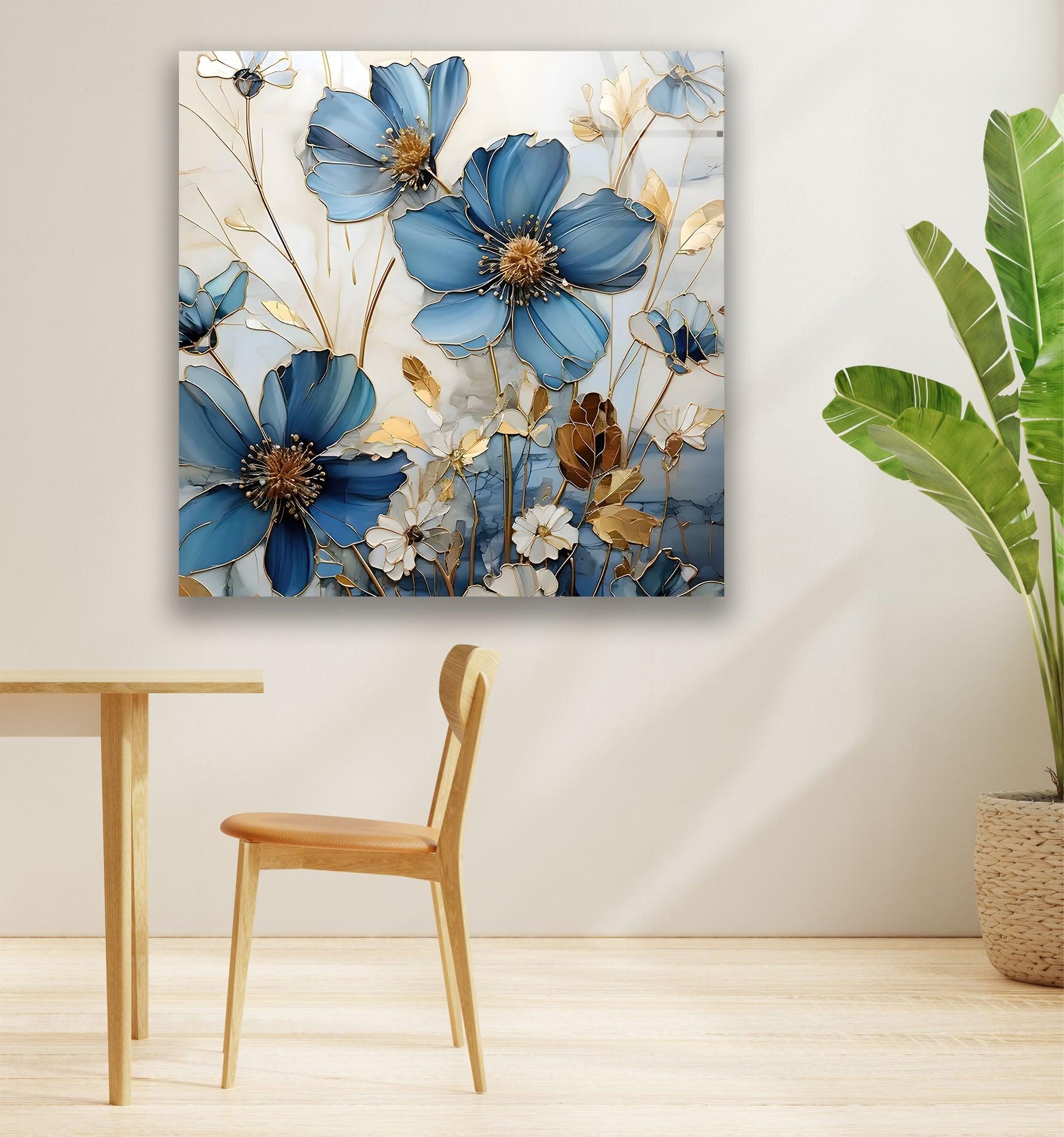 Blue and White Botanical Glass Wall Art - Handmade Floral Decor for Living Room, Bedroom, or Office - Perfect for Home and Office Decorations