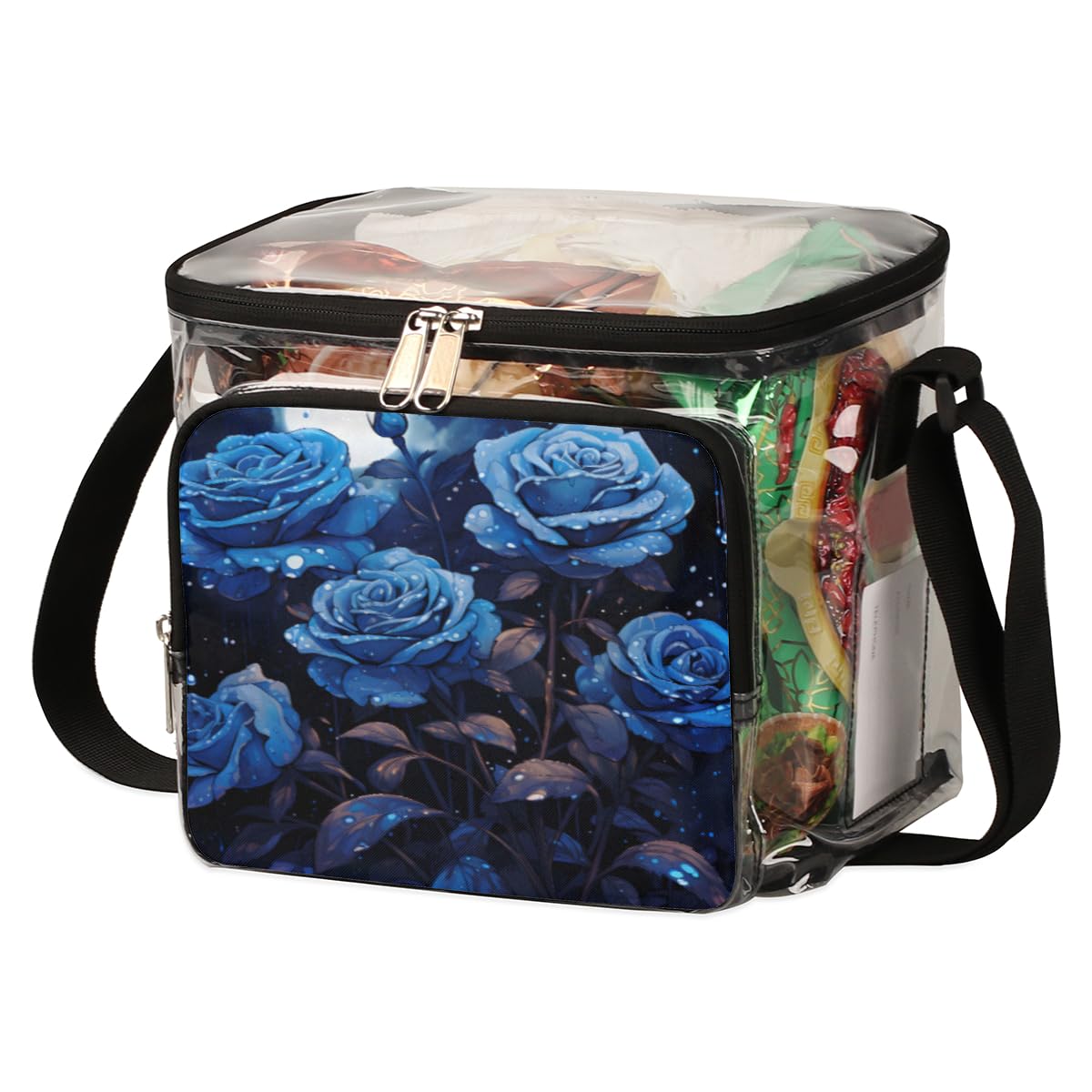 GzLeyigou Blue Enchantress Clear Tote Bag with Handles - Transparent Crossbody Shoulder Bag for Women, Rose Pattern Lunch Bag | Perfect for Outdoor Travel, Picnic, Concerts, Sports Events & Stadium Approved | Fashionable & Functional Clear Purse for Shopping, Beach & Theme Parks