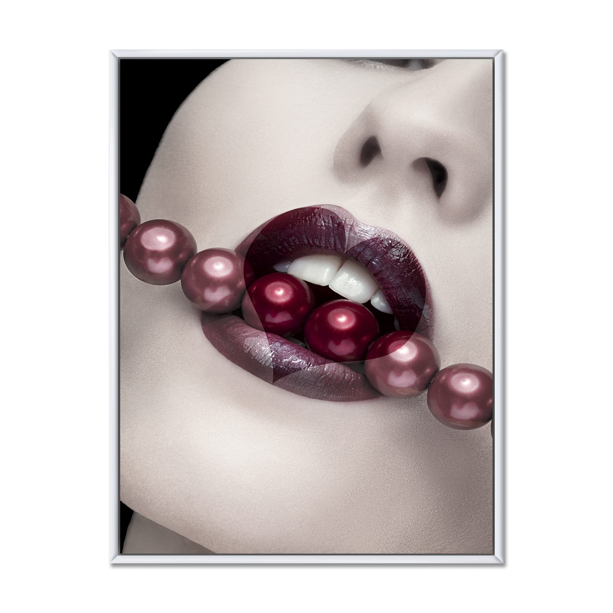 Heart Shape Lips With Pearls Through Mouth - Modern Framed Canvas Wall Art Print for Living Room, Bedroom & Office Decor