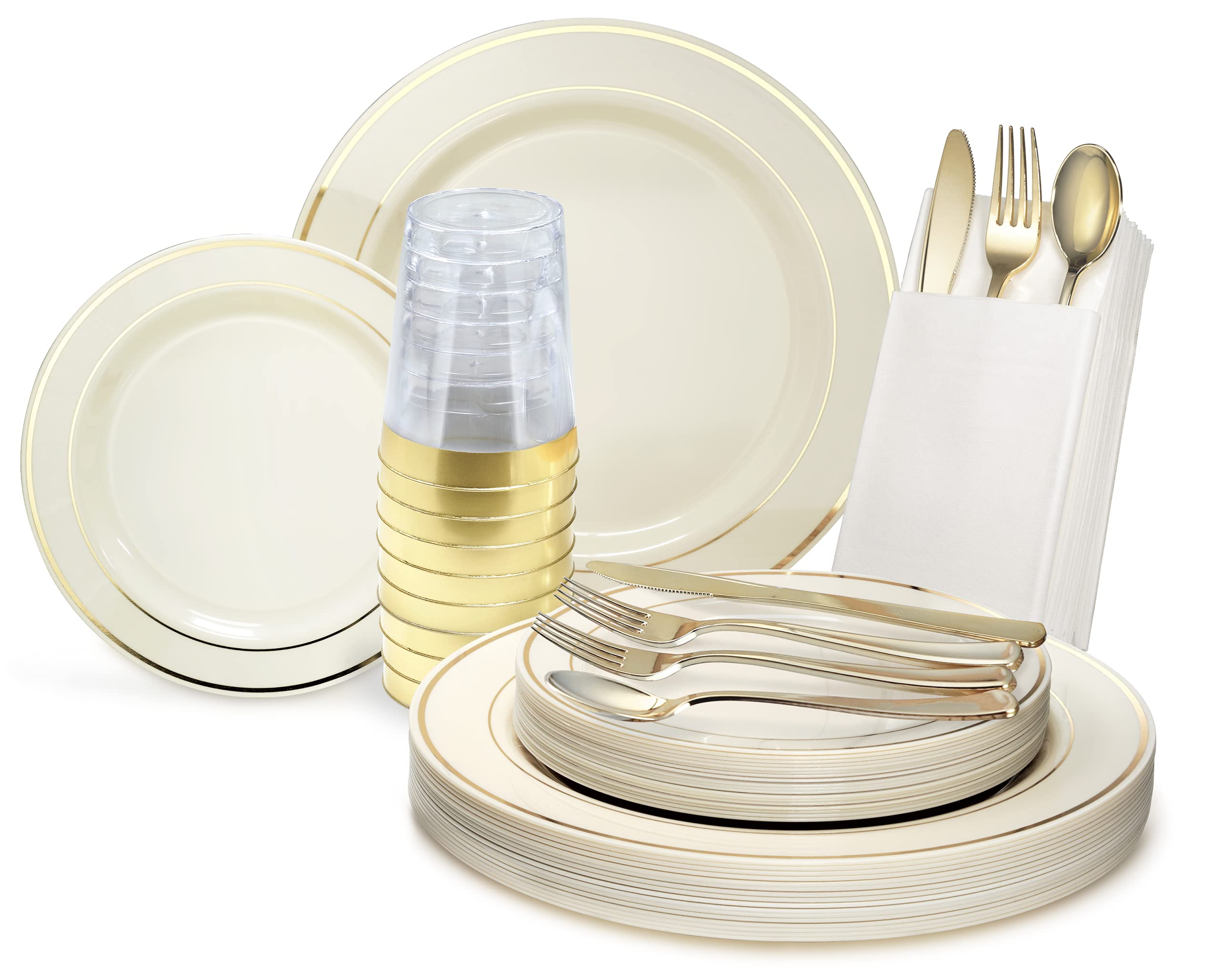 960-Piece Heavyweight Disposable Plastic Plate Set for Wedding & Party - 120 x 10.5'' Dinner Plates, 120 x 7.5'' Dessert Plates, Silverware, Cups & Linen-Like Paper Napkins (Ivory & Gold Rim) - Perfect for Large Gatherings, Bridal Showers & Special Events