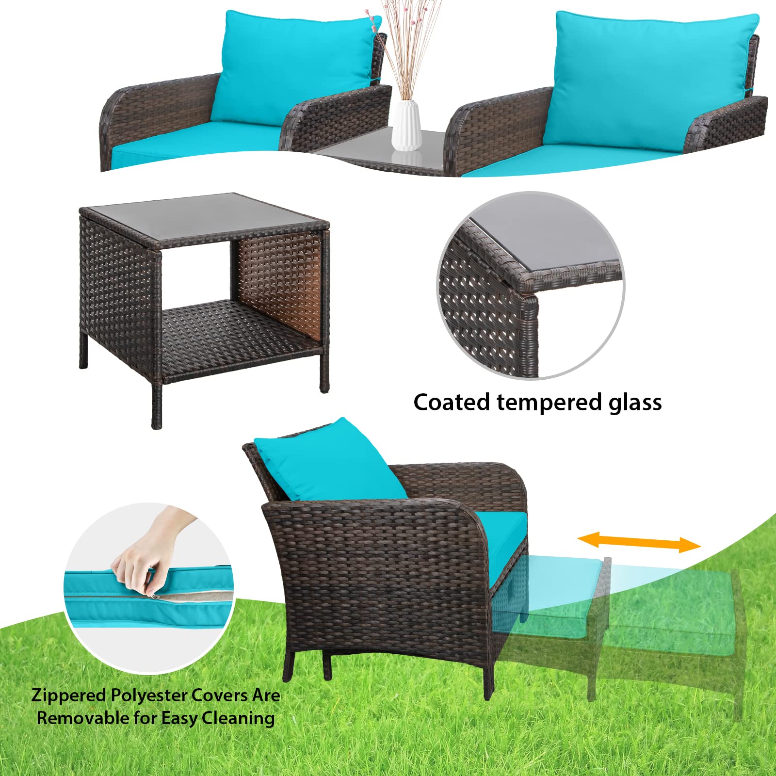 5-Piece LEVELEVE Outdoor Patio Furniture Set - PE Wicker Rattan Conversation Set with Cushioned Lounge Chairs, Ottoman & Glass Table - Perfect for Balcony, Porch, Garden or Backyard Relaxation (Brown Wicker)