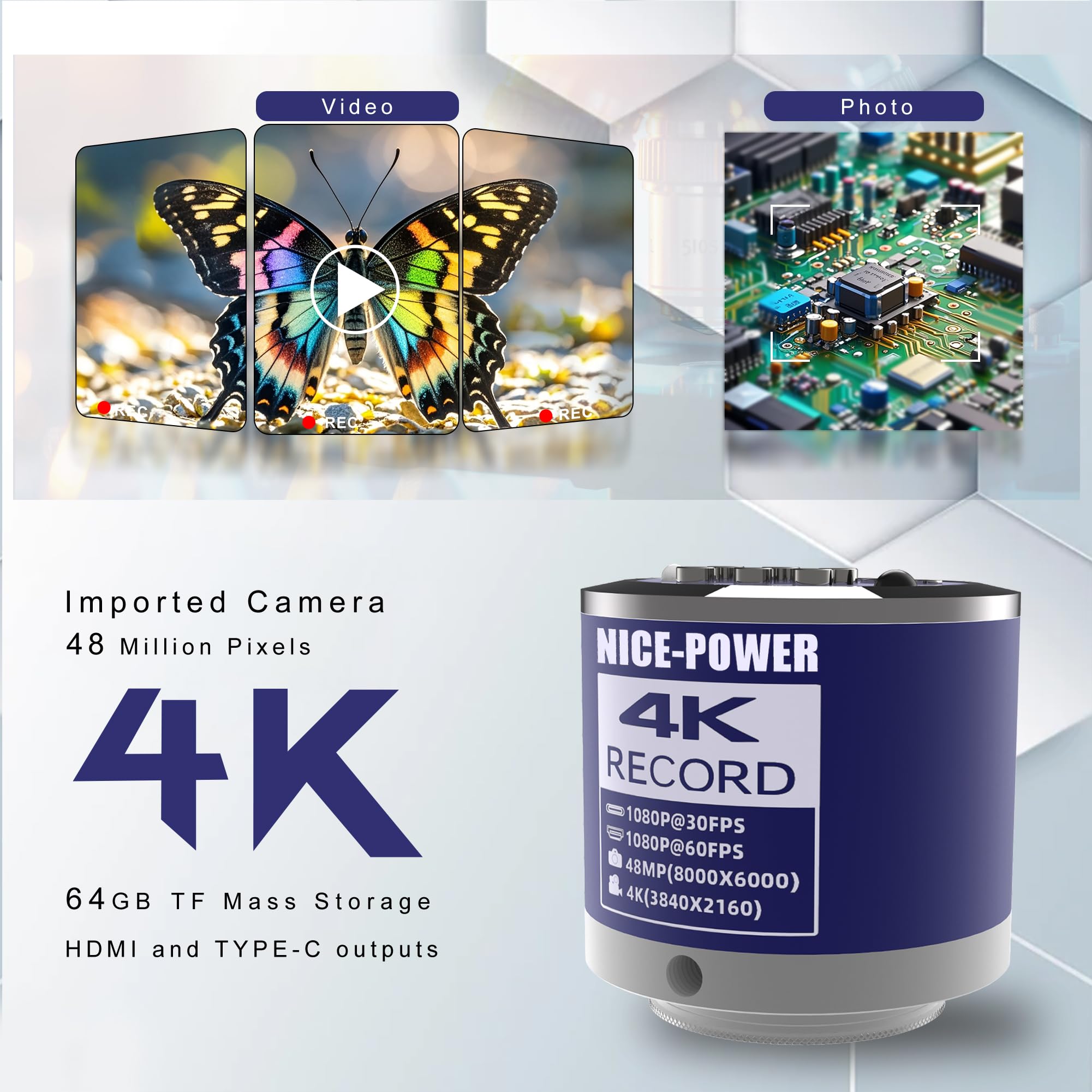 48MP 4K Digital Microscope with 150X Zoom - NICE-POWER HDMI/USB Industrial Camera for Electronics Repair, Soldering & PCB Inspection | Includes Foldable Stand & LED Ring Light | Perfect for Hobbyists, Jewelers & Science Education