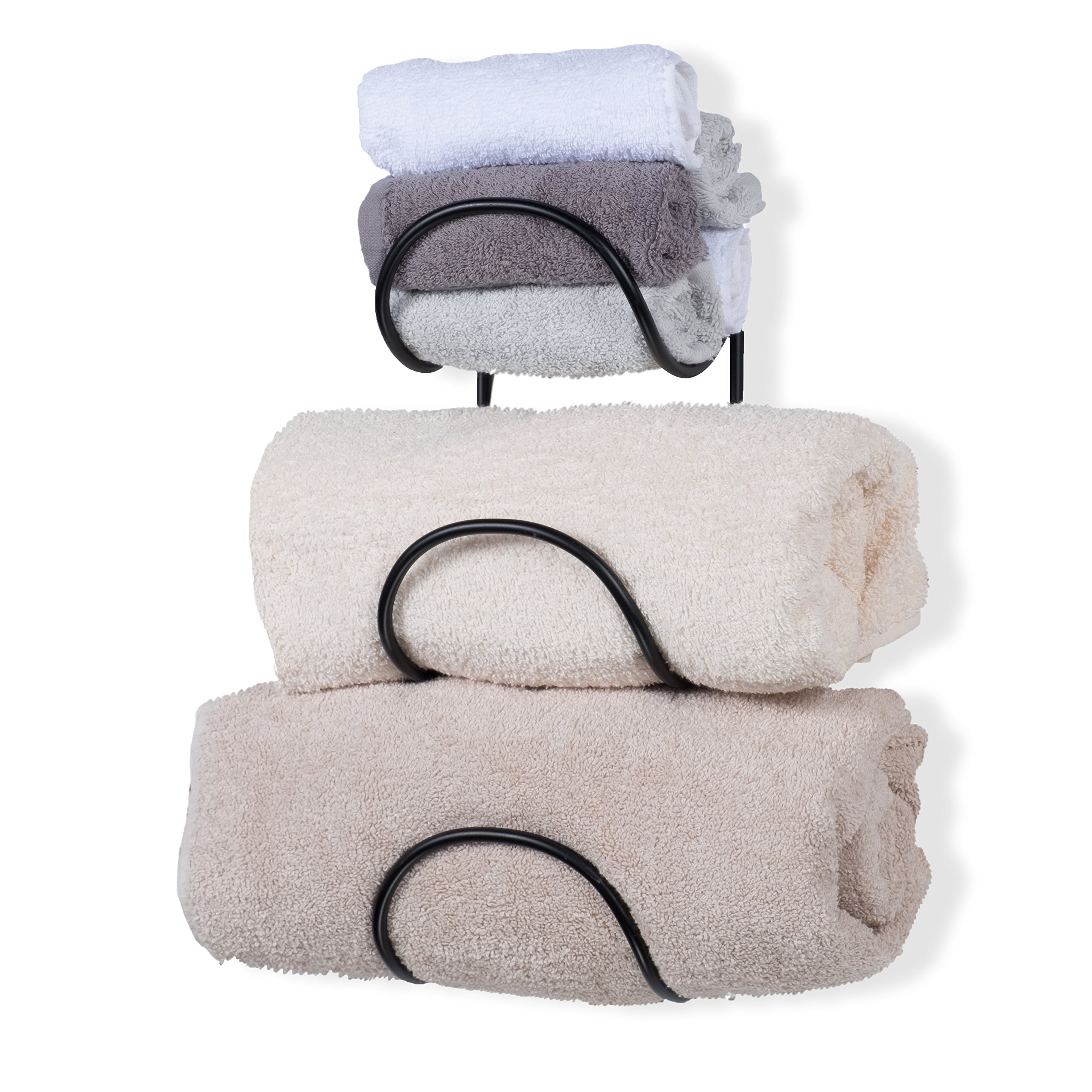 Premium Wrought Iron Metal Towel Rack - Heavy Duty Wall Mount Bathroom Storage Organizer - Holds Large Rolled Bath & Beach Towels (Black, Set of 2) - Perfect for Spa, Poolside & Luxury Bathroom Decor