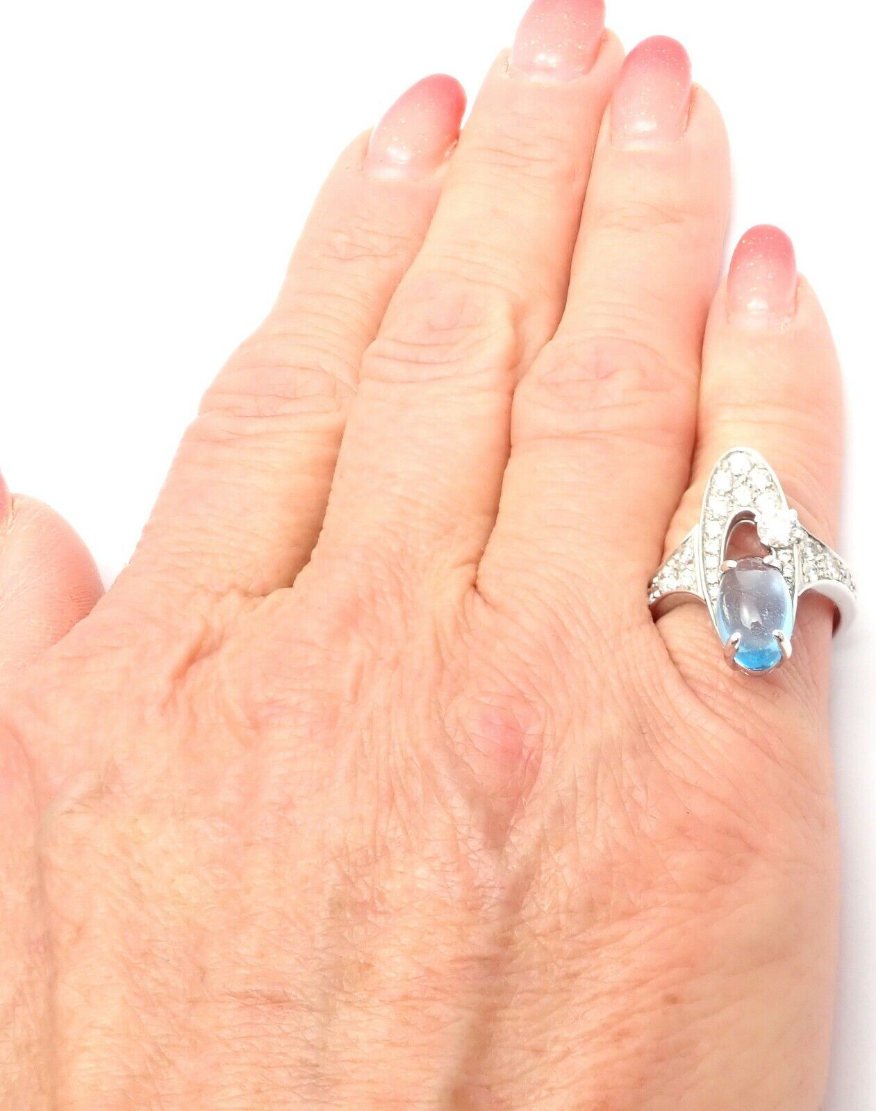 Authentic Bvlgari Bulgari Elysia 18k White Gold Diamond Blue Topaz Ring for Women - Luxury Jewelry Gift for Anniversary, Engagement & Special Occasions