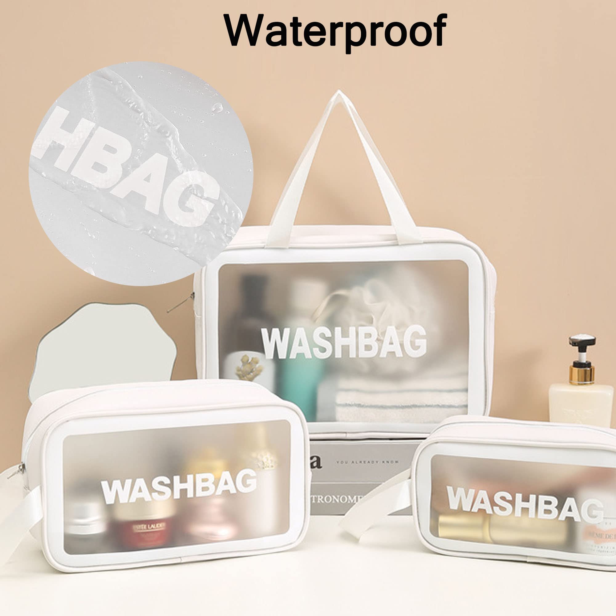 Waterproof Translucent Toiletry Bag Set for Women - 3-Piece Travel Cosmetic & Makeup Organizer for Bathroom, Gym, and On-the-Go Essentials (White) | Perfect for Air Travel, Weekend Getaways & Daily Use