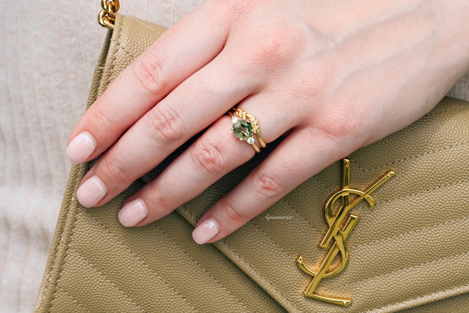 Natural Moss Agate Fairy Leaf Ring Set - 14K Yellow Gold Vermeil Stackable Rings for Women, Nature-Inspired Jewelry for Boho Style & Everyday Wear