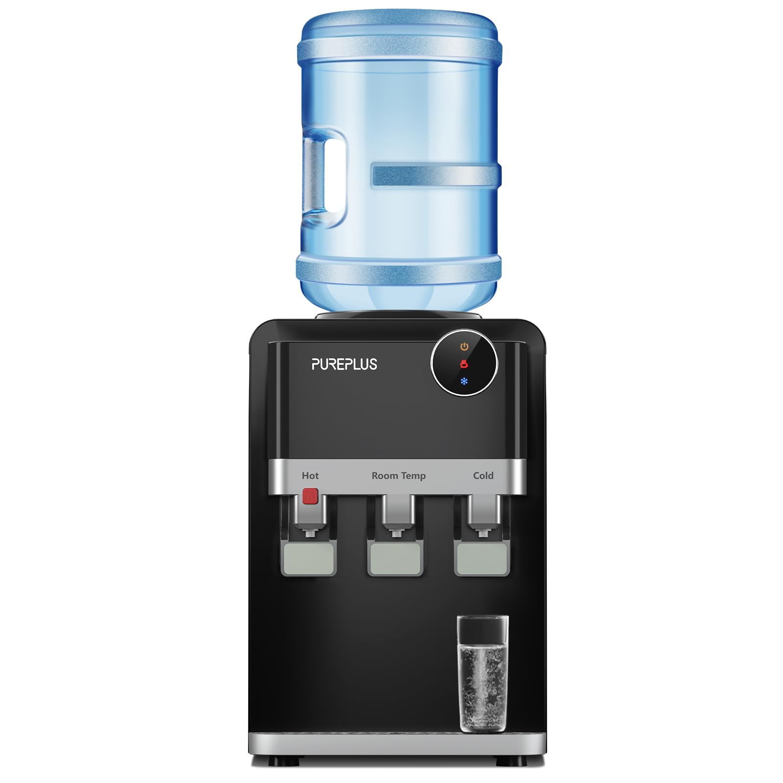 PUREPLUS Top Loading Water Cooler Dispenser with Hot & Cold Water - 3 Temperature Settings, Child Safety Lock for Home & Office - Countertop Water Fountain for 3/5 Gallon Bottles, Removable Drip Tray - Perfect for Kitchen, Break Room, Dorm & Office Hydration
