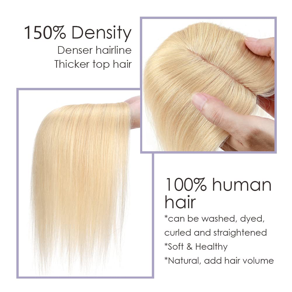 MY-LADY Human Hair Toppers for Women - 150% Density Remy Hair Topper with Silk Base (7x13cm, No Bangs) - Clip in Hairpiece for Thinning Hair - 10 Inch Straight Bleach Blonde #613 - Perfect for Daily Wear, Parties & Special Occasions