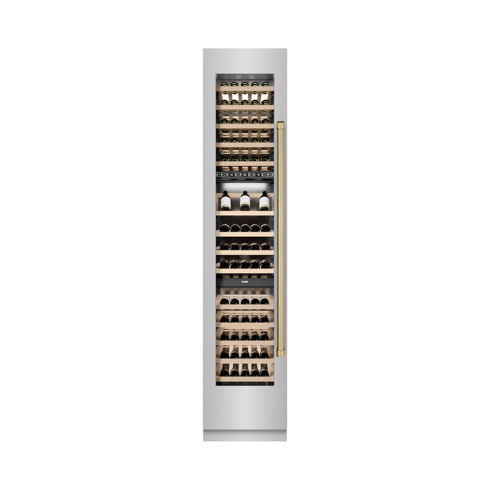 ZLINE Autograph Edition 18 Inch 9.0 cu ft Triple Zone 68 Bottle Left Hinge Stainless Steel Wine Cooler with Champagne Bronze Accents - Perfect for Home Bars, Wine Cellars & Entertaining (RCWVLZ 30418 CB)