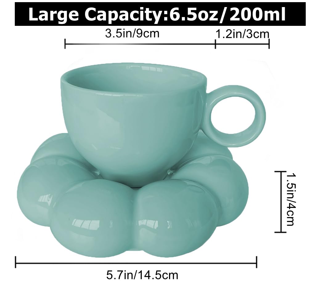 ARISKEY 6.5oz Cute Coffee Mug Set for Women - Teal Blue Tea Cup with Saucer & Spoon (200ml) | Microwave & Dishwasher Safe | Perfect for Latte, Milk, Tea & Office/Home Use