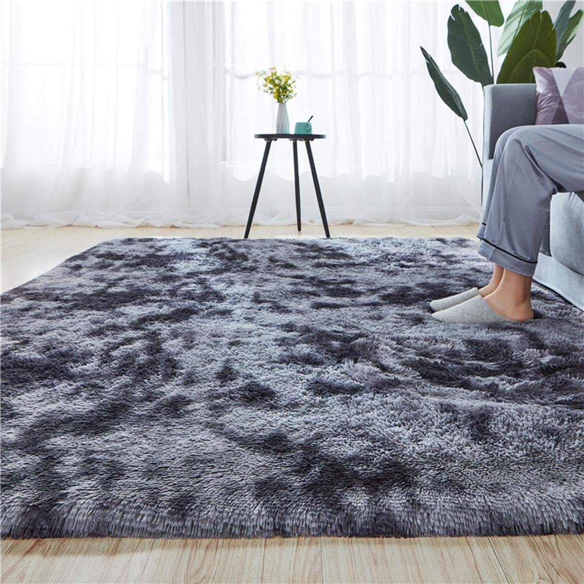 Kinganda Soft Shag Area Rugs - Non-Slip Fluffy Large Rug for Bedroom, Living Room, Nursery & Kids Room - Washable Shaggy Carpet (Black Grey, 6.5'×9.8'/200×300cm) - Perfect for Cozy Home Decor & Play Areas