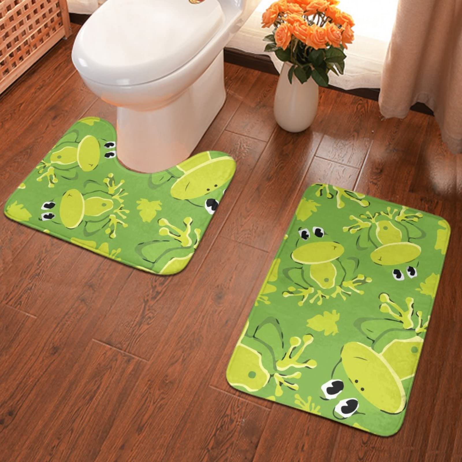 Premium Soft Bathroom Rugs Set - 2 Piece Non-Slip Absorbent Frog Pattern Bath Mat & U-Shaped Toilet Rug for Tub, Shower & Bathroom - Perfect for Kids' Bathrooms, Guest Bathrooms & Cozy Home Decor