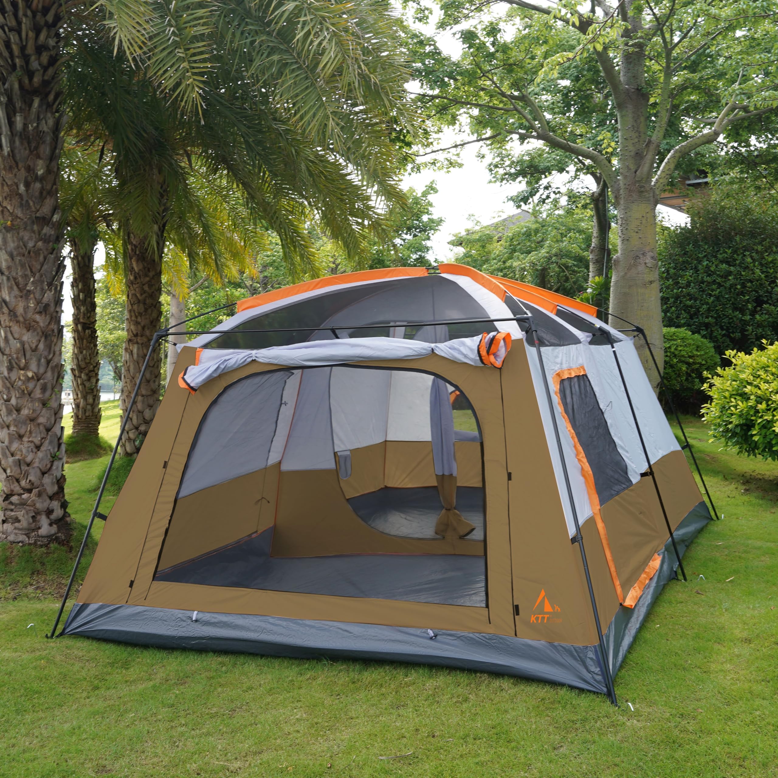 KTT Extra Large Family Cabin Tent for 10-14 People - 2 Rooms, 3 Doors & 3 Windows with Mesh, Waterproof Double Layer Straight Wall Design - Perfect for Camping, Picnics, Outdoor Adventures & Family Gatherings