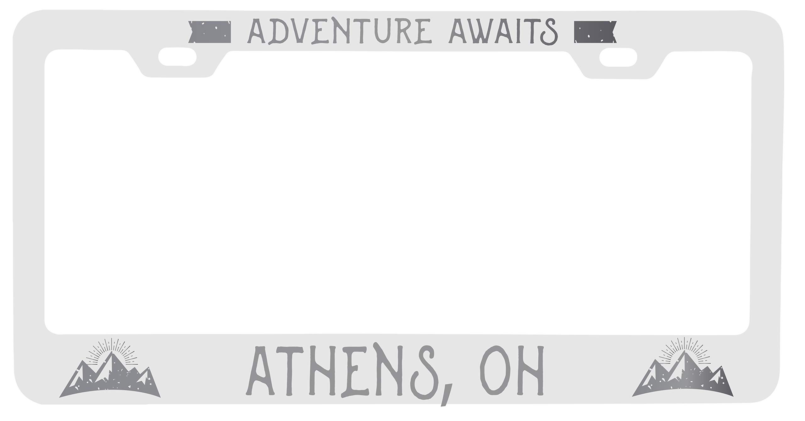 Athens Ohio Laser Engraved Metal License Plate Frame - 'Adventures Awaits' Custom Design for Cars & Trucks - Perfect for Road Trips & Travel Gifts