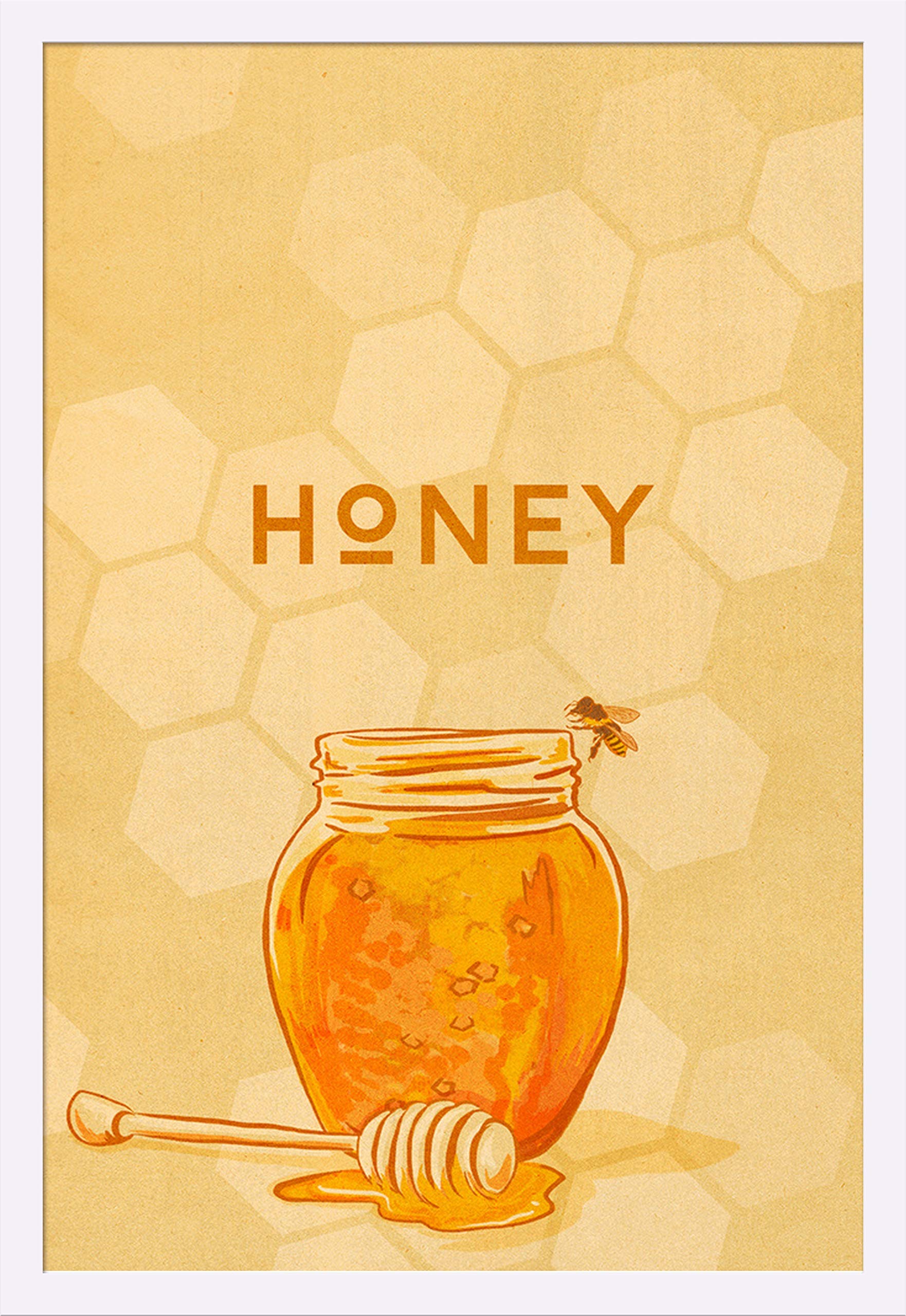 Honey Jar Letterpress Art Print - 24x36 Giclee Gallery Framed in White Wood - Vintage Kitchen Decor & Wall Art for Dining Room, Cafe, Farmhouse Style