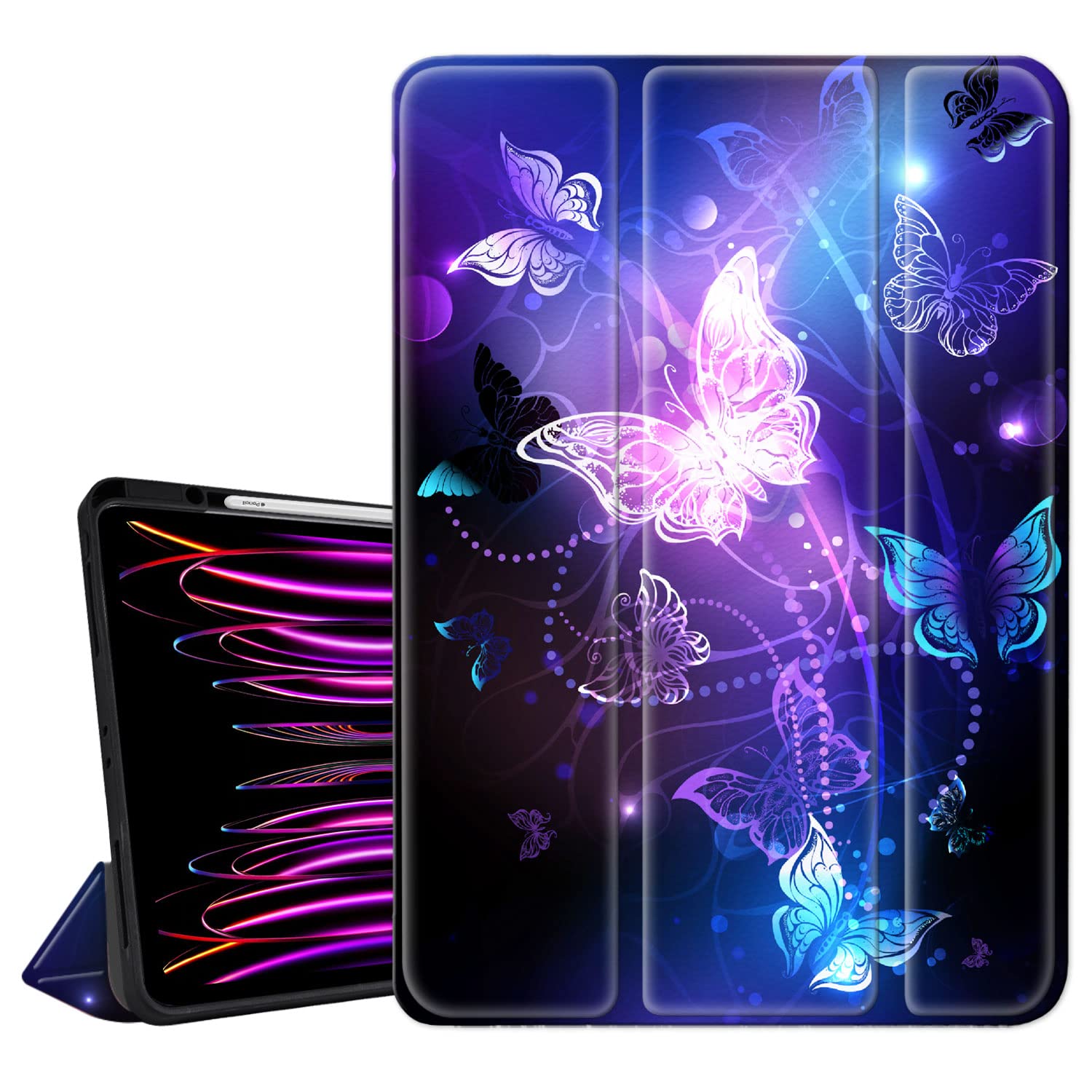 Hepix iPad Pro 11 Inch Case (2022/2021/2020/2018 Models) - Purple Butterfly Design with Pencil Holder & Wireless Charging | Compatible with iPad Pro 11 4th/3rd/2nd/1st Gen | Trifold Stand Cover for Work, Study & Travel