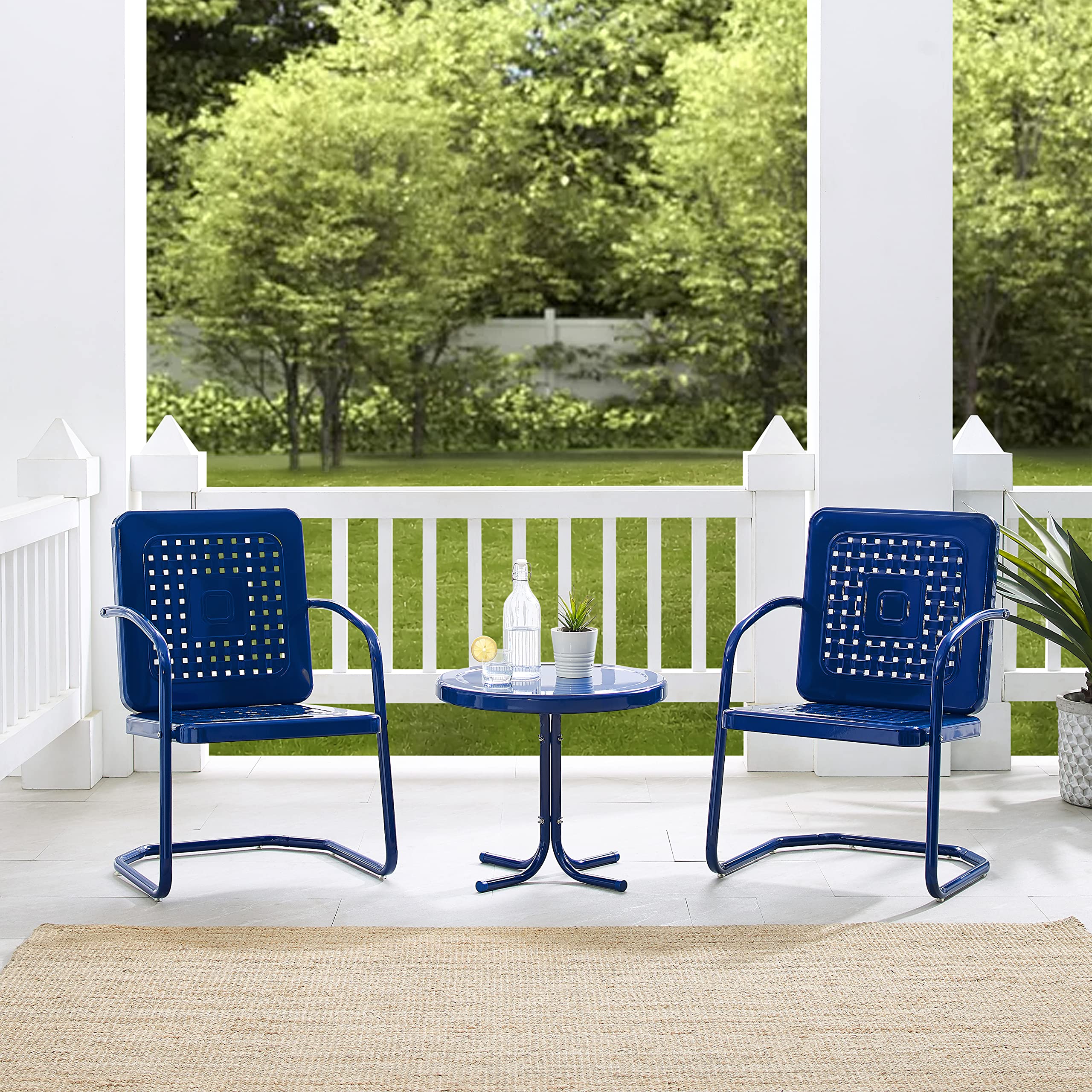 Crosley Furniture Bates 3-Piece Outdoor Bistro Set - Retro Metal Patio Chairs with Side Table in Navy Gloss Finish - Perfect for Garden, Balcony, and Backyard Relaxation