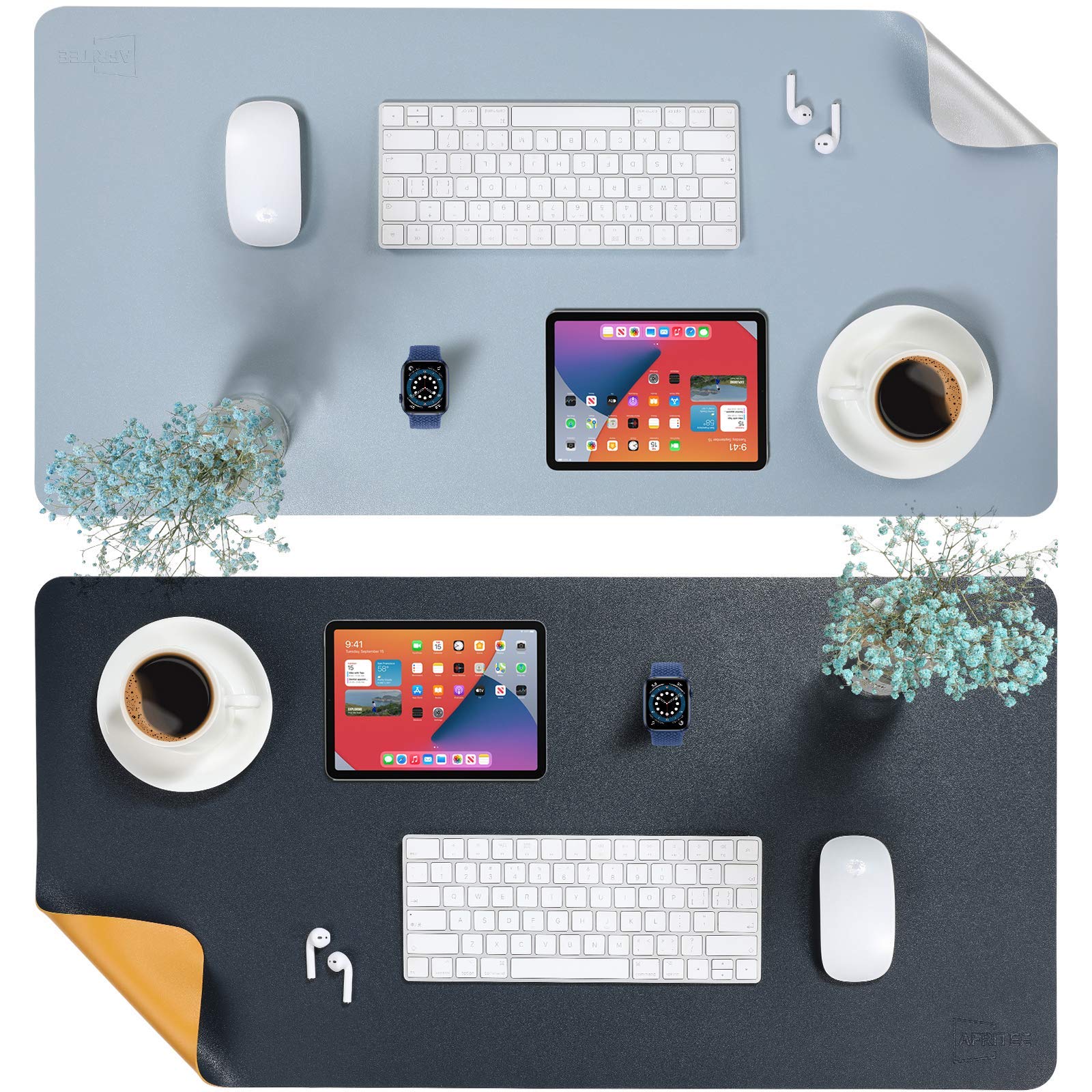 AFRITEE Desk Pad Protector Mat - Non-Slip Mouse Pad for Office & Gaming, Waterproof Keyboard Mat in Grayish Blue/Silver & Navy Blue/Yellow - Perfect for Home, Office, and Workspace Organization