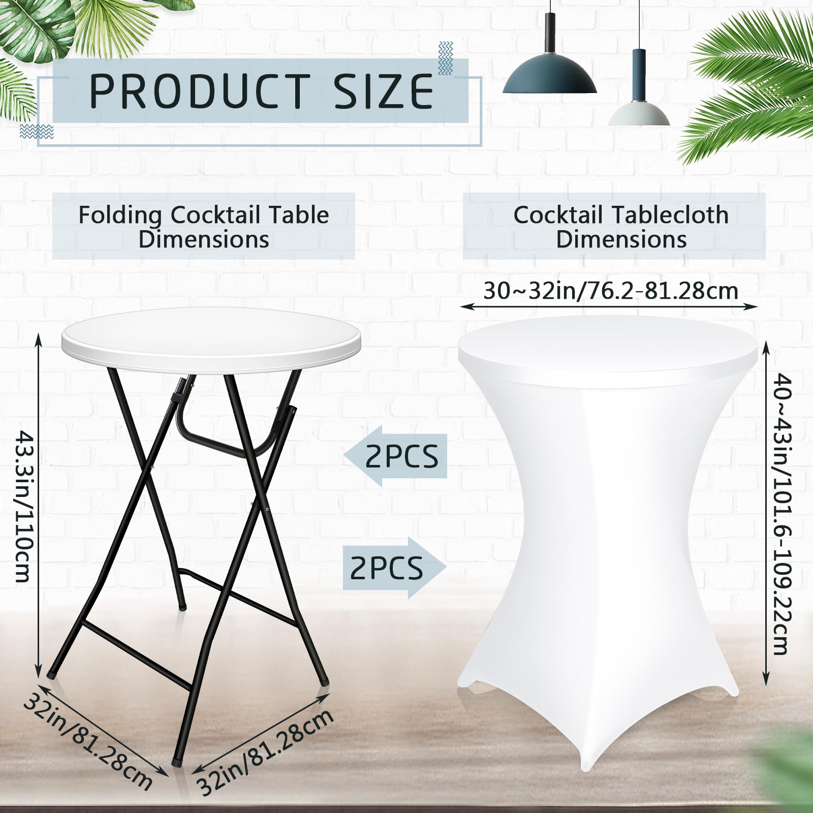 Wenqik 2-Pack 32'' High Top Cocktail Tables - White Round Bar Height Folding Tables with Removable Legs (32x43'') & Stretch Spandex Tablecloths - Perfect for Parties, Weddings, and Outdoor Events