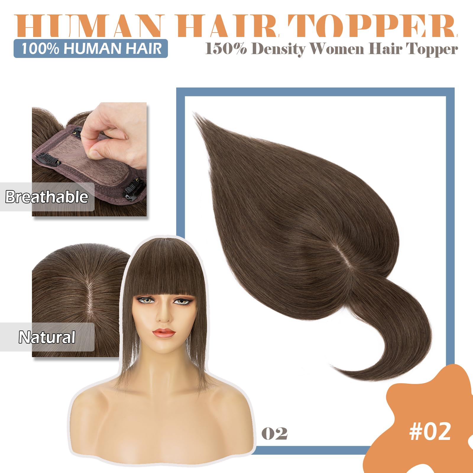 Clip In Hair Toppers for Women - 18 Inch Human Hair Topper with Bangs & Silk Base | Remy Clip-On Toupee Wiglet for Thinning Hair & Hair Loss | 53g #2 Dark Brown | Perfect for Daily Wear, Special Occasions & Hair Volume Enhancement