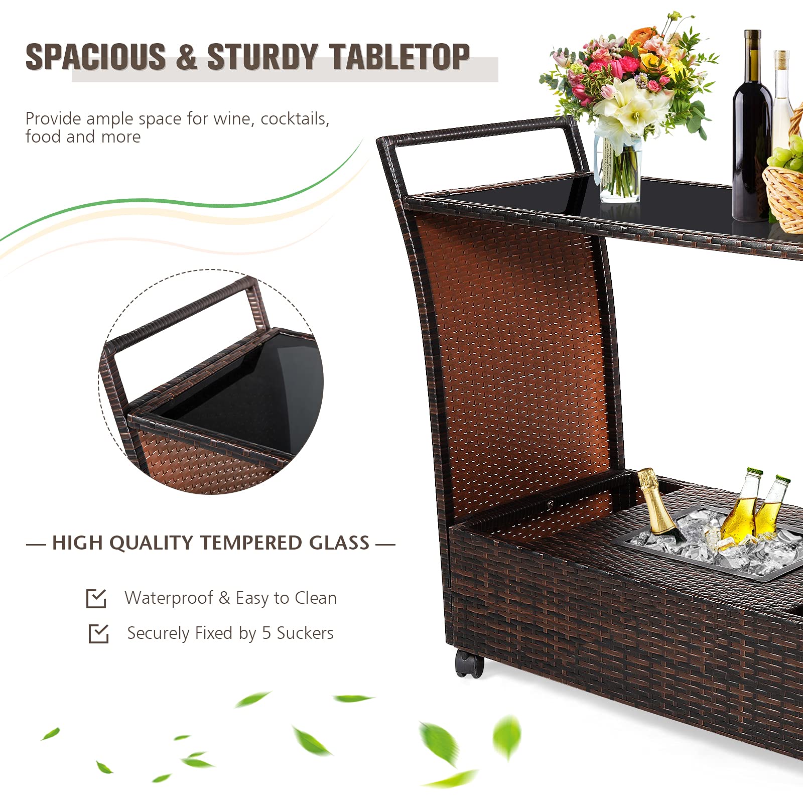RELAX4LIFE Outdoor Wicker Bar Cart with Removable Ice Bucket & Glass Top - Patio Serving Table with Wheels & Storage Compartments - Rattan Rolling Trolley for Pool, Backyard, Porch, Garden Parties & Outdoor Entertaining - Brown