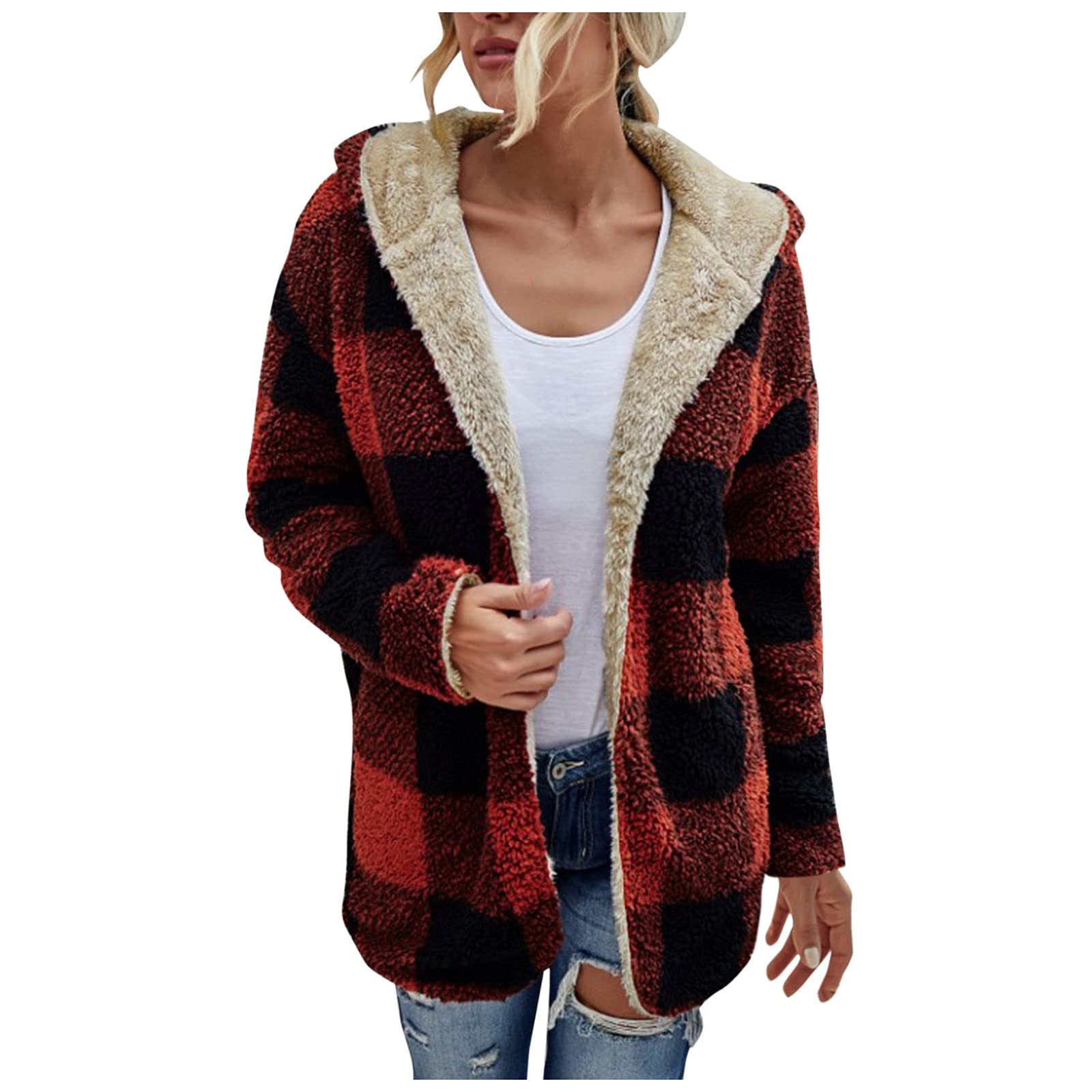 FMCHICO Women's Oversized Sherpa Hoodie - Soft Fuzzy Fleece Jacket with Long Sleeves & Open Front | Plaid Hooded Coat for Winter Warmth & Casual Outfits | Perfect for Lounging, Travel & Outdoor Activities
