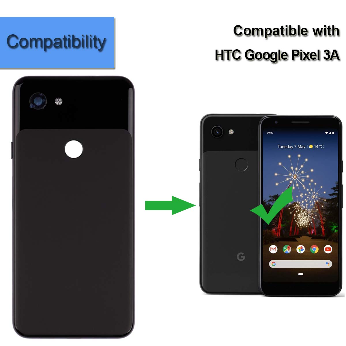 Original HTC Google Pixel 3A Replacement Battery Back Cover - OEM Compatible Rear Glass Housing & Door (Black) | Perfect for DIY Repairs & Phone Protection