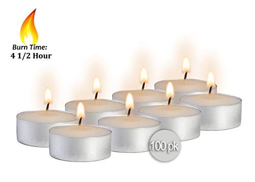 Bulk White Unscented Tea Light Candles - 100 Pack - 4.5 Hour Burn Time - Pressed Wax Travel & Decorative Candles - Perfect for Weddings, Parties, Restaurants & Home Decor - by Ner Mitzvah