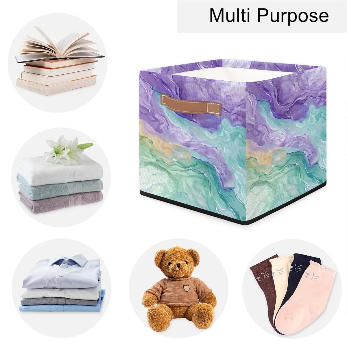 13 Inch Collapsible Storage Basket with Leather Handle - Foldable Organizer Bin for Closet, Shelves & Home Decor (Green & Purple) | Perfect for Bedroom, Bathroom & Office Organization
