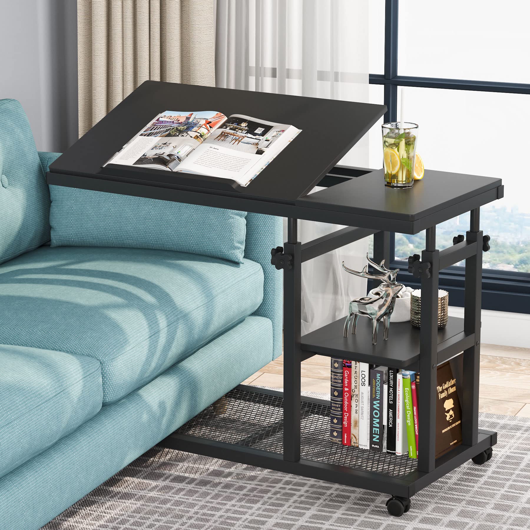 Tribesigns Adjustable Height C-Shaped Table with Wheels - Mobile Snack Side Table for Couch, Tiltable Drawing Board, Sofa & Bedside Laptop Stand - TV Tray with Storage Shelves (Black) - Perfect for Living Room, Bedroom, Office & Small Spaces