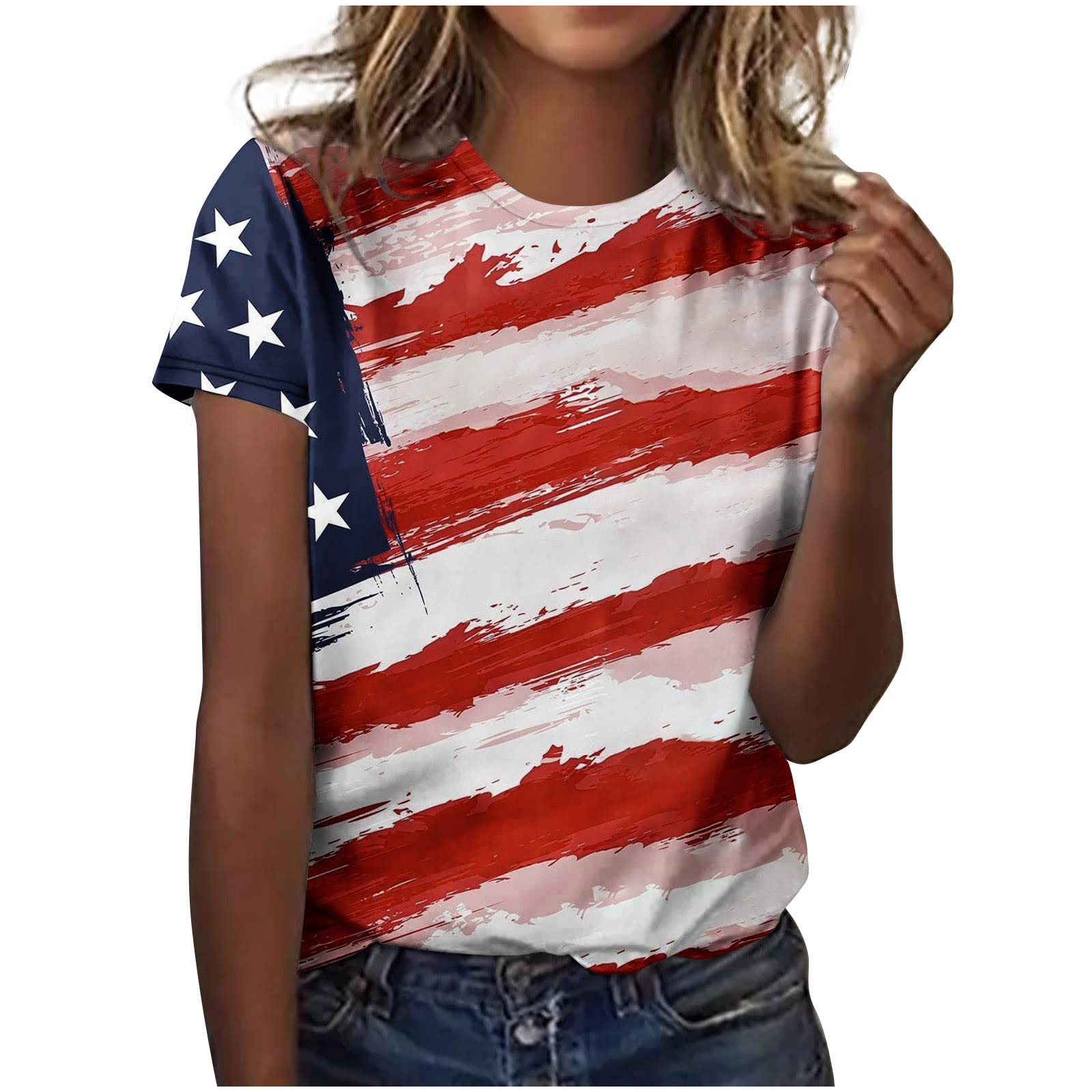 Women's Summer Tops - 4th of July Patriotic Round Neck Loose Fit Short Sleeve Casual T-Shirt | Breathable Cotton Tee for Outdoor BBQ, Beach Parties & Independence Day Celebrations