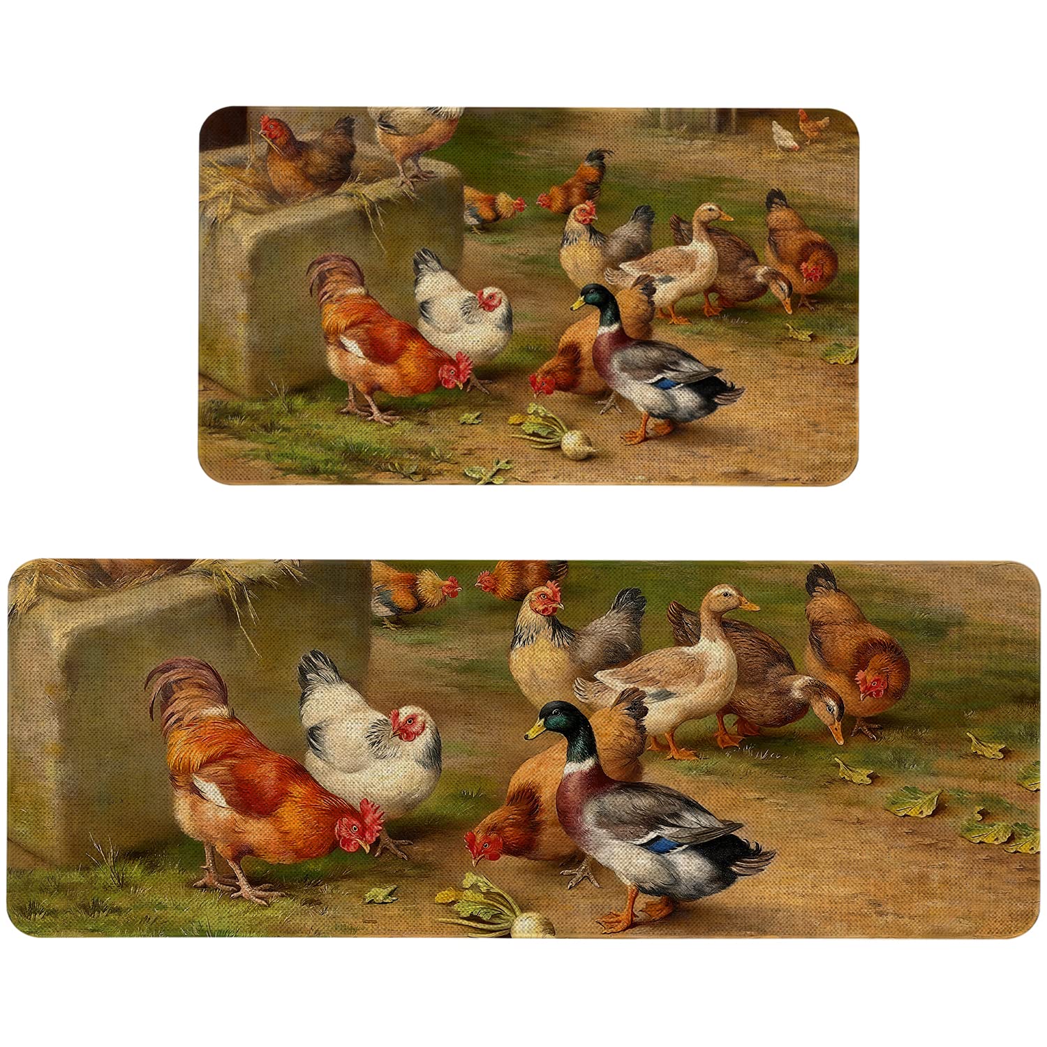 Farmhouse Style Mloabuc Rooster Kitchen Rug Set - 2 Piece Washable Non-Slip Runner Mats (17