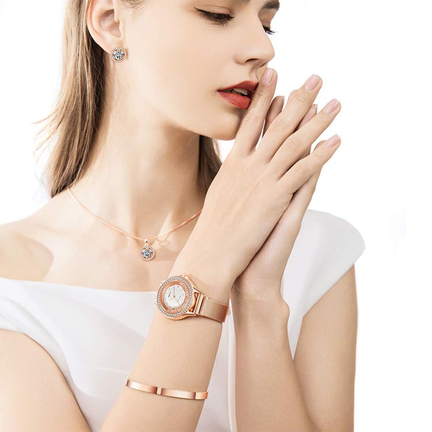 Sego Alchemy Rose Gold Watch & Jewelry Set for Women - 4 Piece Necklace, Earrings, Bracelet & Watch Gift Set for Mom, Wife, Girlfriend | Perfect for Birthdays, Anniversaries & Special Occasions