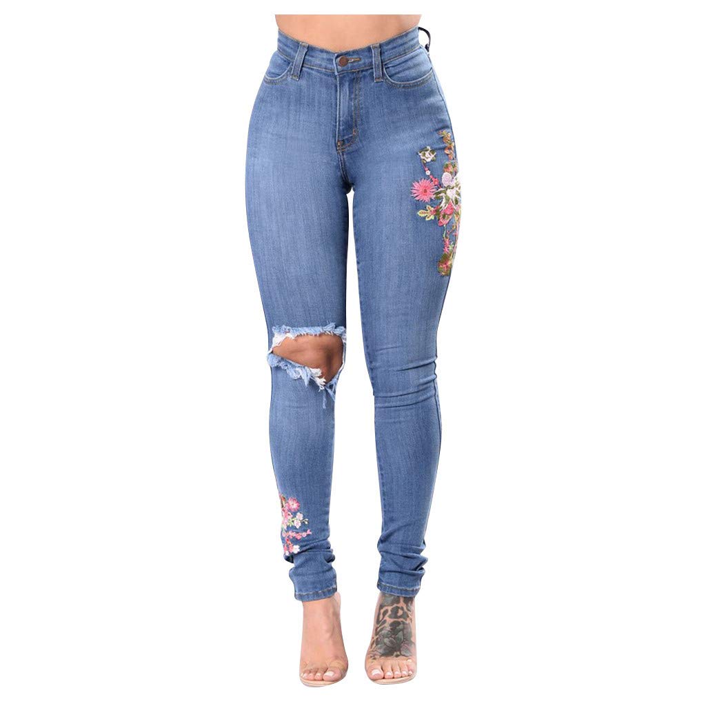 Fandream Women's High Waist Stretch Pencil Jeans - Embroidered Ripped Destroyed Denim Pants for Casual Wear & Night Out