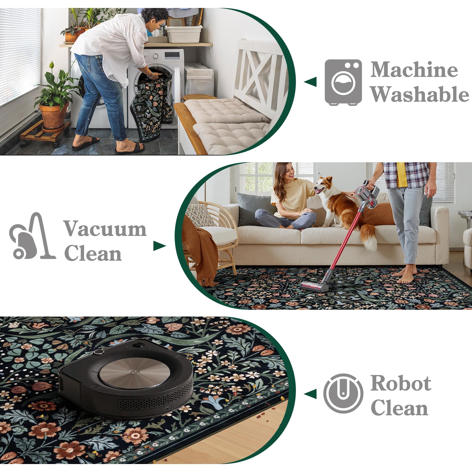 Premium Moynesa Floral Washable Rug 8x10 - Soft Boho Area Rug for Living Room, Bedroom, Dining Room & Office - Non-Slip Ultra Thin Floor Carpet in Black - Perfect for Home Decor, Nursery & High-Traffic Areas