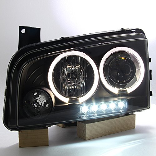 AKKON Black Halo Angel Eye LED Projector Headlights + Dark Red Tail Lights Combo for 2009-2010 Dodge Charger - Upgrade Your Car's Style & Night Visibility (Perfect for Night Driving, Car Shows & Custom Builds)