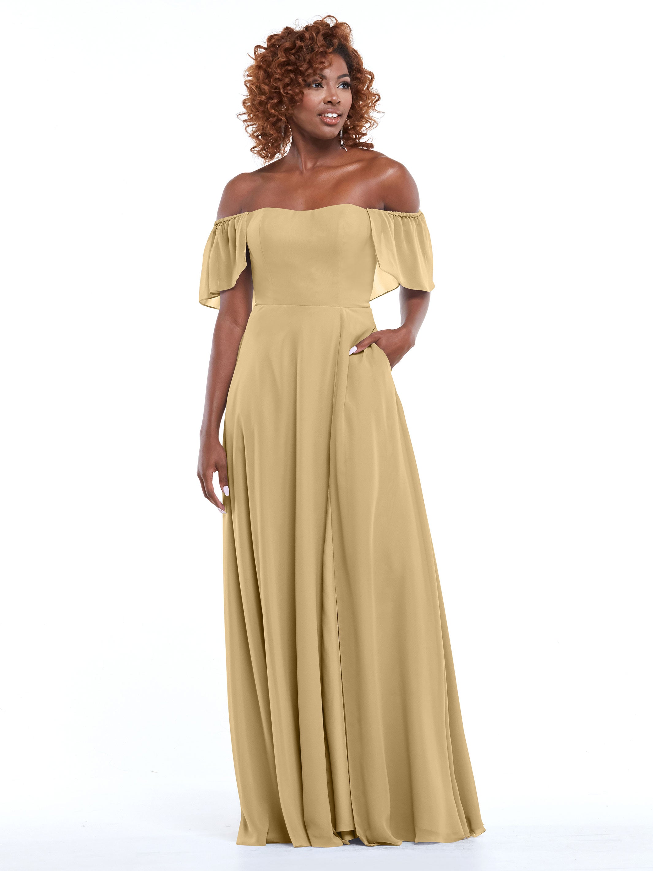 Elegant A-Line Off-The-Shoulder Chiffon Bridesmaid Dress with Pockets - Perfect for Weddings, Formal Events & Special Occasions