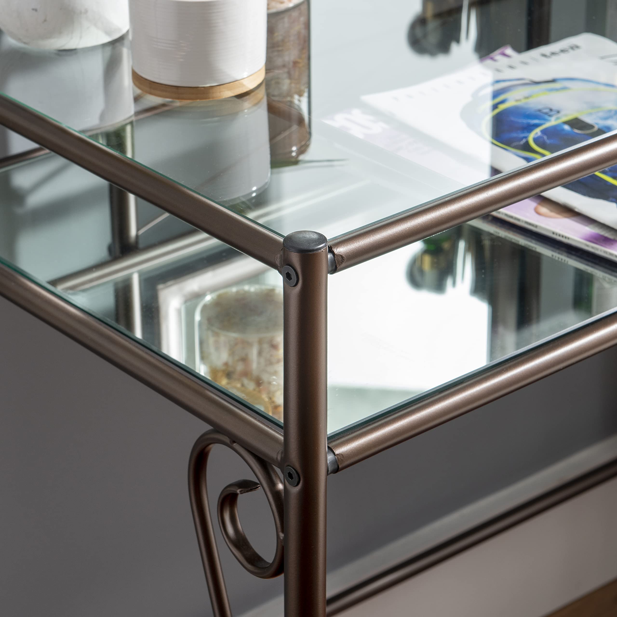 Linon Clarisse Vanity Set - Dark Metal Dressing Table with Upholstered Stool, 52.4 x 31.8 x 18.3 Inches - Perfect for Bedroom Makeup & Jewelry Organization