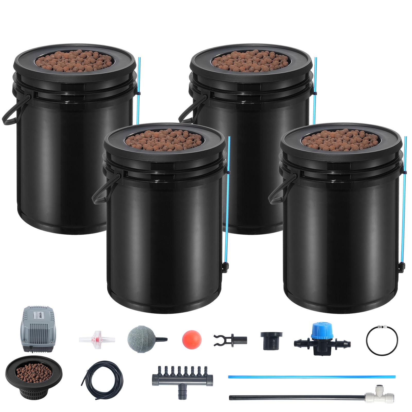 VEVOR 5-Gallon DWC Hydroponic Grow System with Top Drip Kit - 4 Bucket Deep Water Culture Kit Includes Air Pump, Air Stones & Water Level Indicator for Leafy Greens - Perfect for Indoor Herb Garden, Lettuce & Vegetable Hydroponics Farming