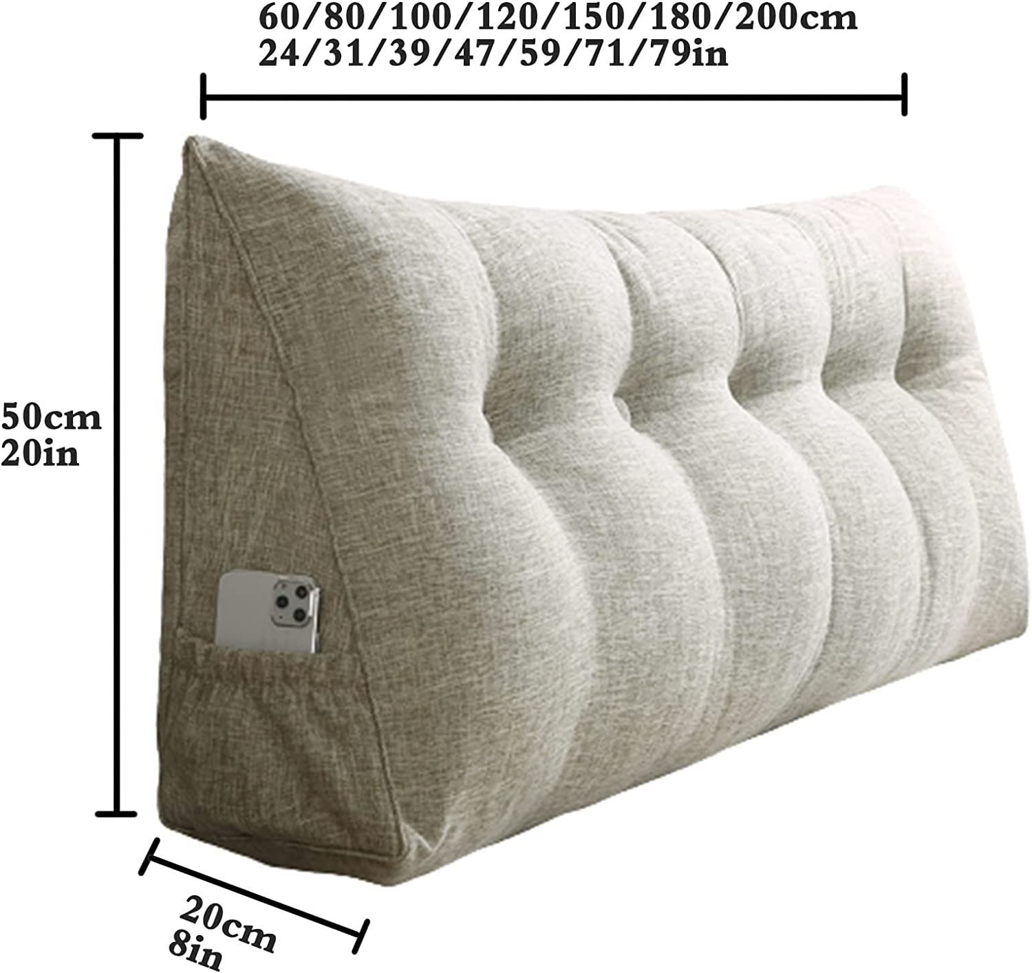 Beige Wedge Pillow for Headboard & Back Support - 59x20x8in Triangular Body Pillow with Removable Cover - Decorative Lumbar Cushion for Sofa, Bed, Reading & Relaxation (Home & Office Use)