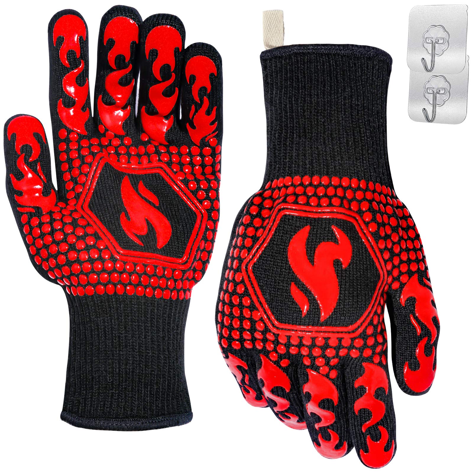 QUWIN Heat Resistant BBQ Gloves - 1472℉ Extreme Heat Protection, Non-Slip Silicone Oven Mitts for Grilling, Baking & Cooking - Perfect for Outdoor BBQ, Camping & Kitchen Use (One Size Fits Most, Red)