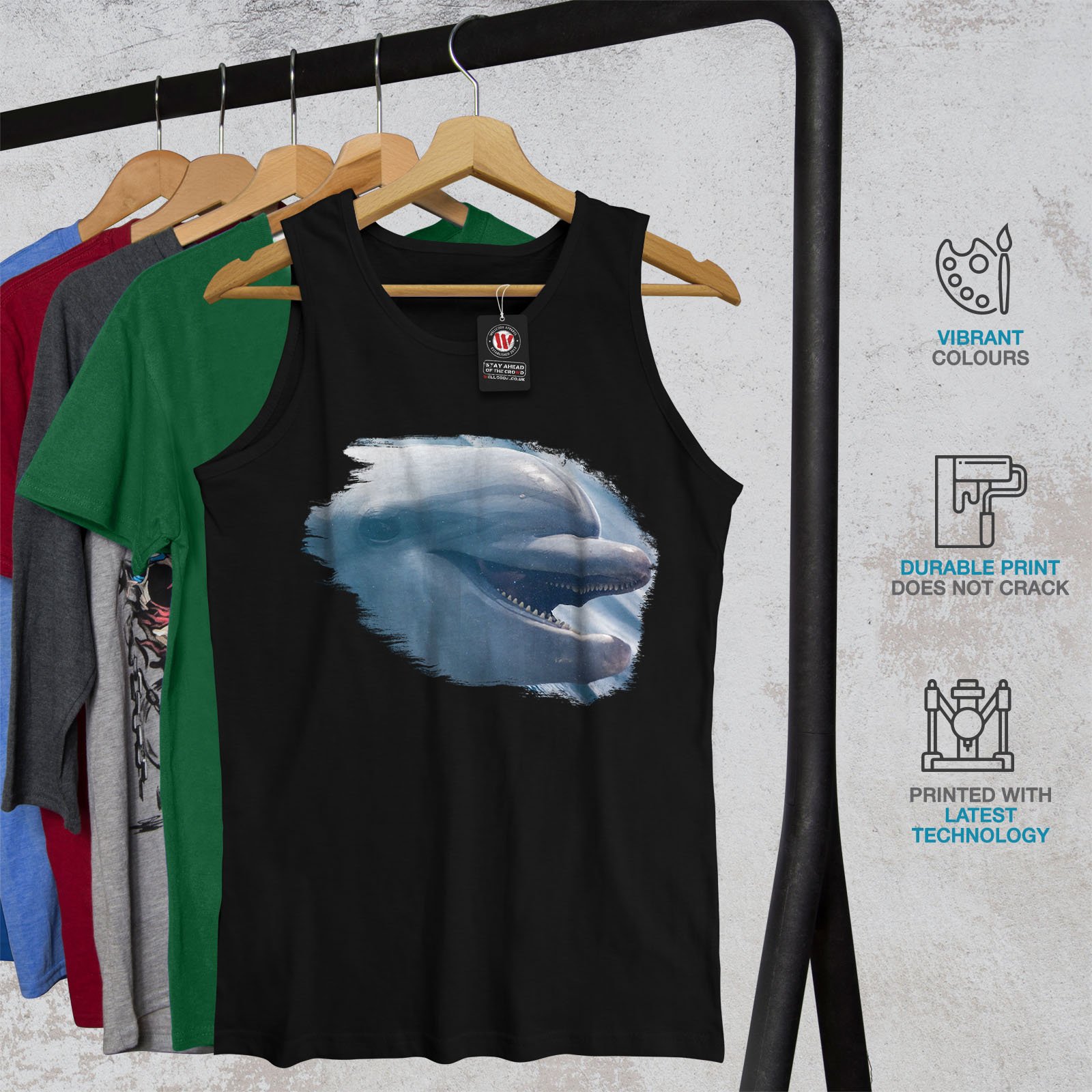 Wellcoda Men's Dolphin Smile Graphic Tank Top - Breathable Quick-Dry Aqua Athlete Shirt for Swimming, Beach & Summer Outdoor Activities