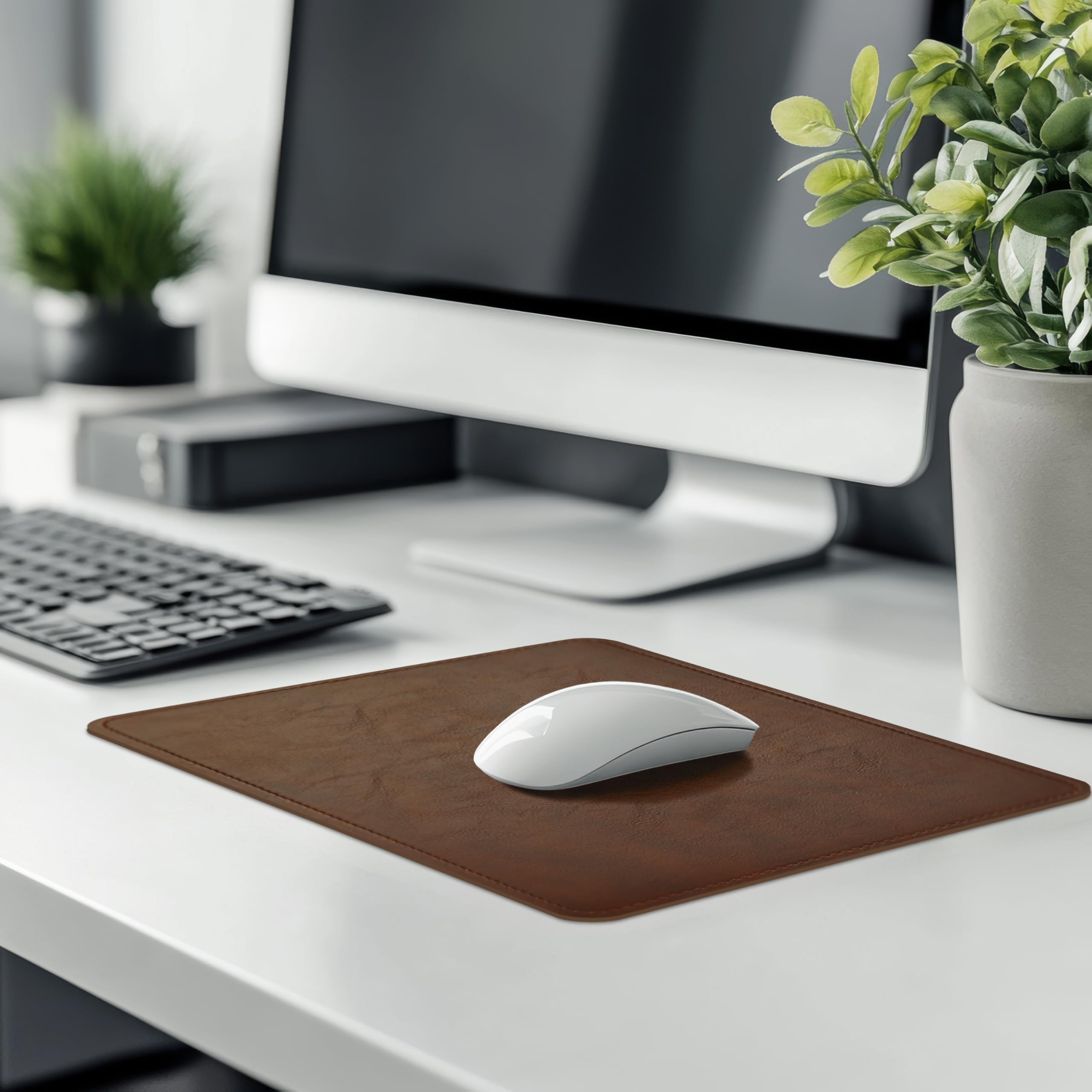 Premium PU Leather Mouse Pad with Stitched Edge - Non-Slip Microfiber Base, Waterproof Desk Mat for Computer & Laptop (8x11 Inch, Dark Caramel Brown) - Ideal for Office, Gaming & Home Workspace