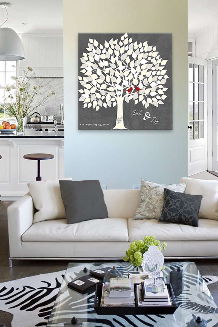 Personalized Wedding Tree Guest Book - Unique & Memorable Alternative for 100-150 Signatures - Gray Canvas Wall Decor - 20x20 Inches - Perfect Bridal Shower Gift for Wedding, Anniversary & Home Decoration
